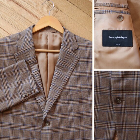 ERMENELGILDO ZEGNA Blazer Men's EU 54L US 44L Wool WINDOWPANE Plaid Made ITALY